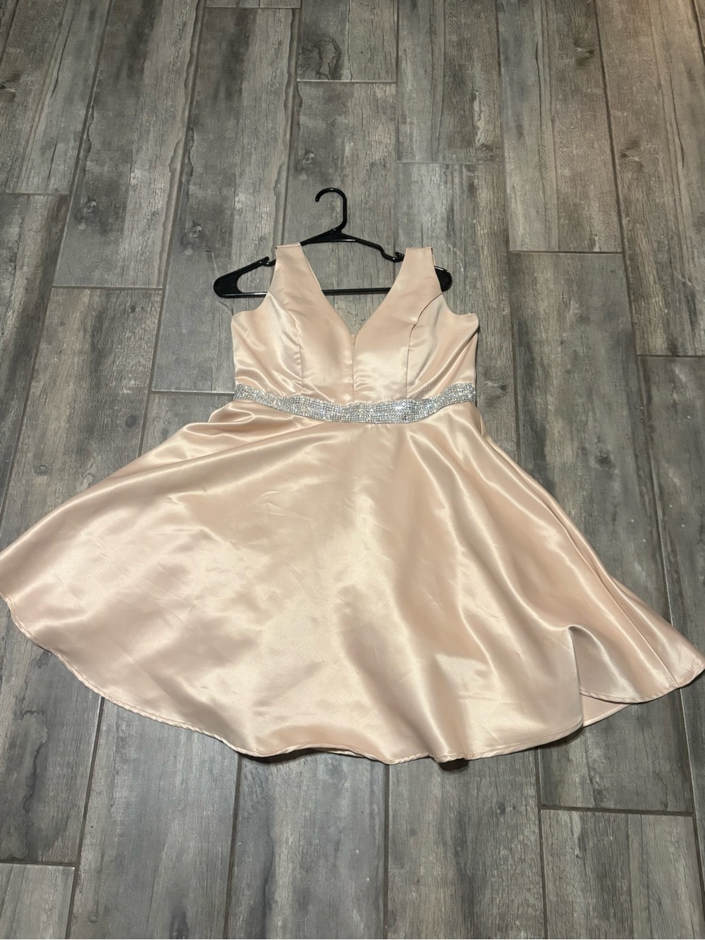 Girls Champagne Satin A-Line Dress with Rhinestone Waist